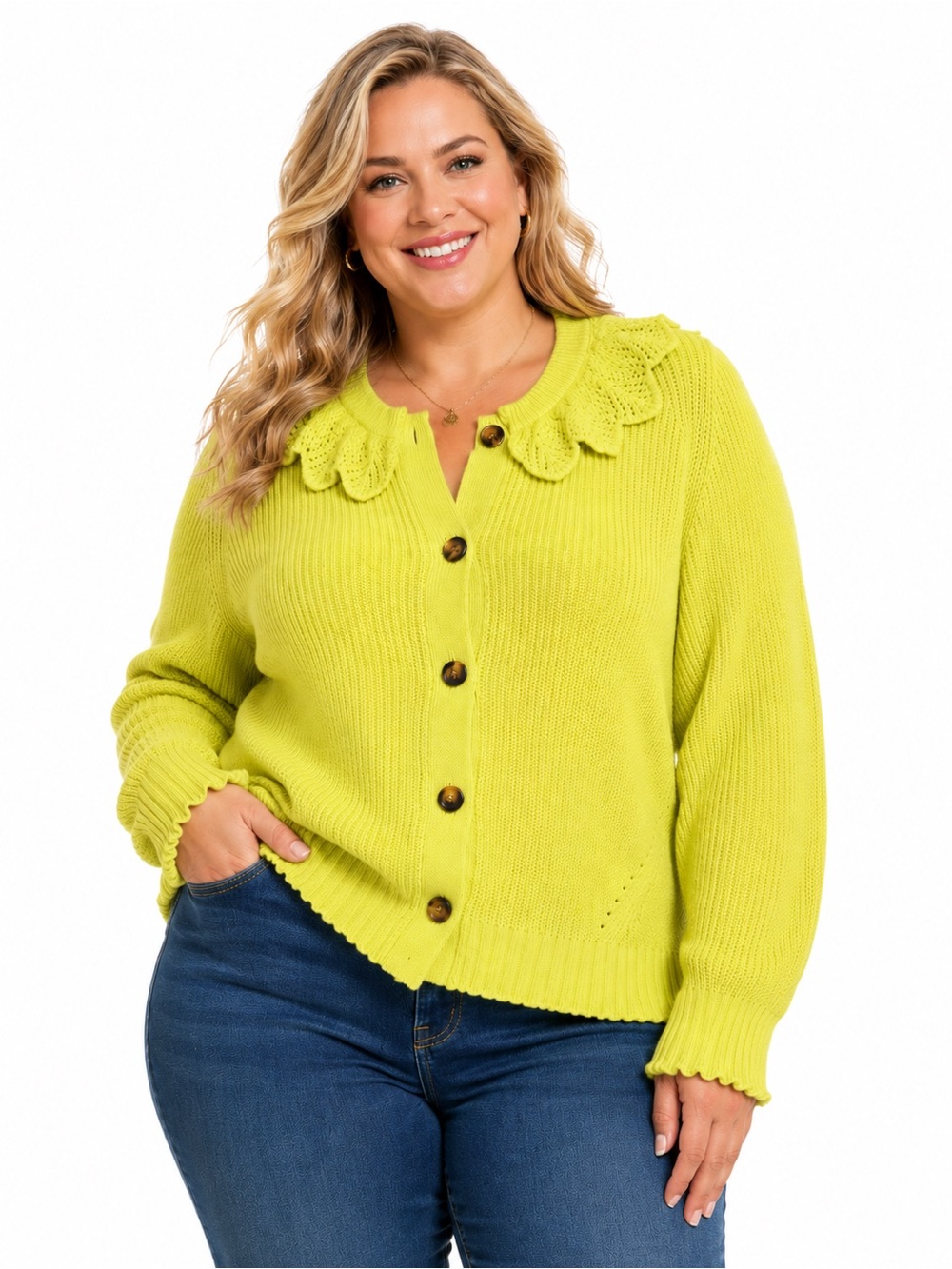 WHO WHAT WEAR | Neon Lime Scallop Collar Button Cardigan